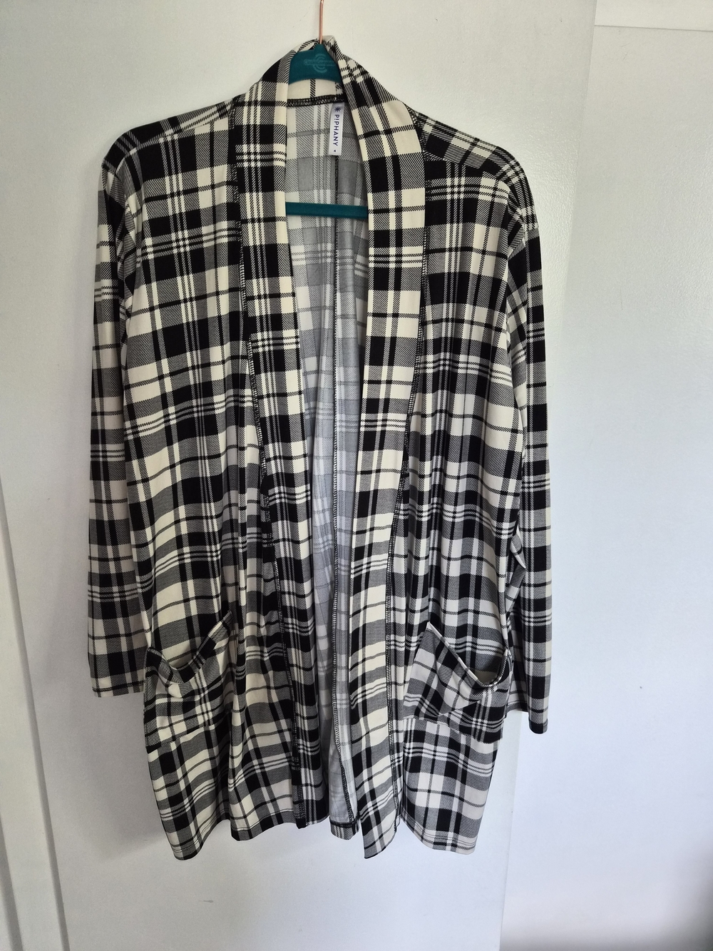 Womens Plus Plaid Open-Front Cardigan Jacket- Black & White Size 18/20